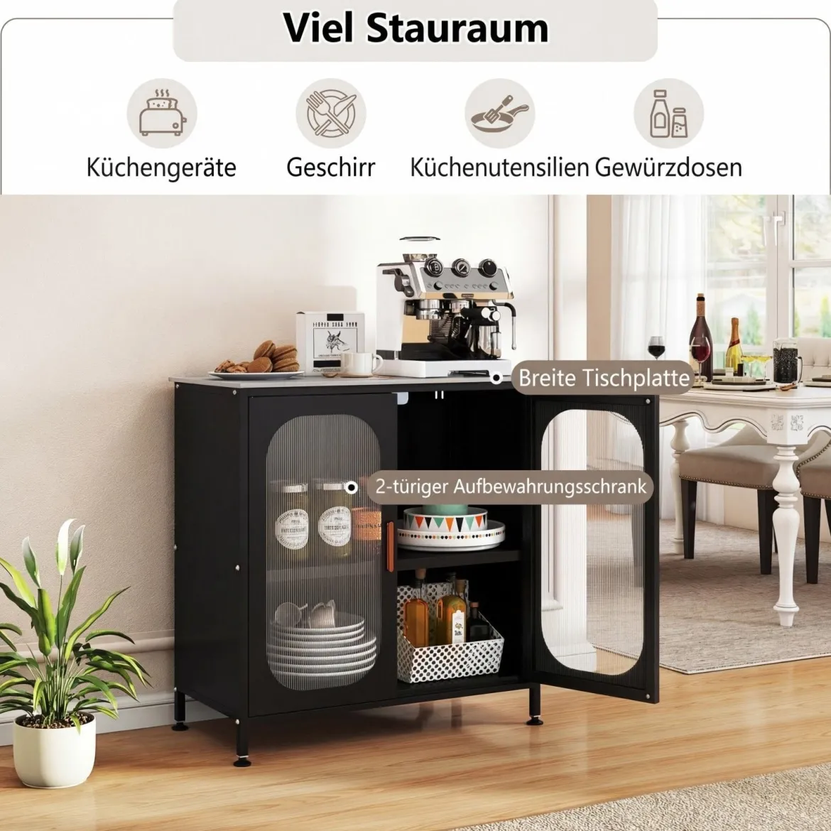 Sideboard Kommode mit Verstellbarer Ablage Buffetschrank mit Halbtransparenter Doppeltür Schwarz