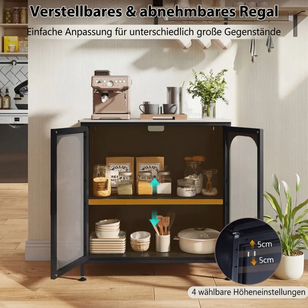 Sideboard Kommode mit Verstellbarer Ablage Buffetschrank mit Halbtransparenter Doppeltür Schwarz