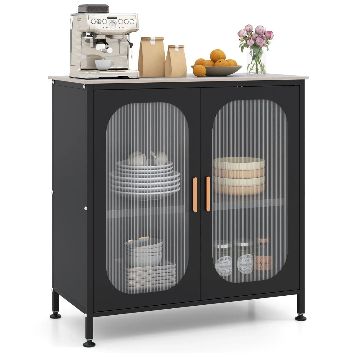 Sideboard Kommode mit Verstellbarer Ablage Buffetschrank mit Halbtransparenter Doppeltür Schwarz