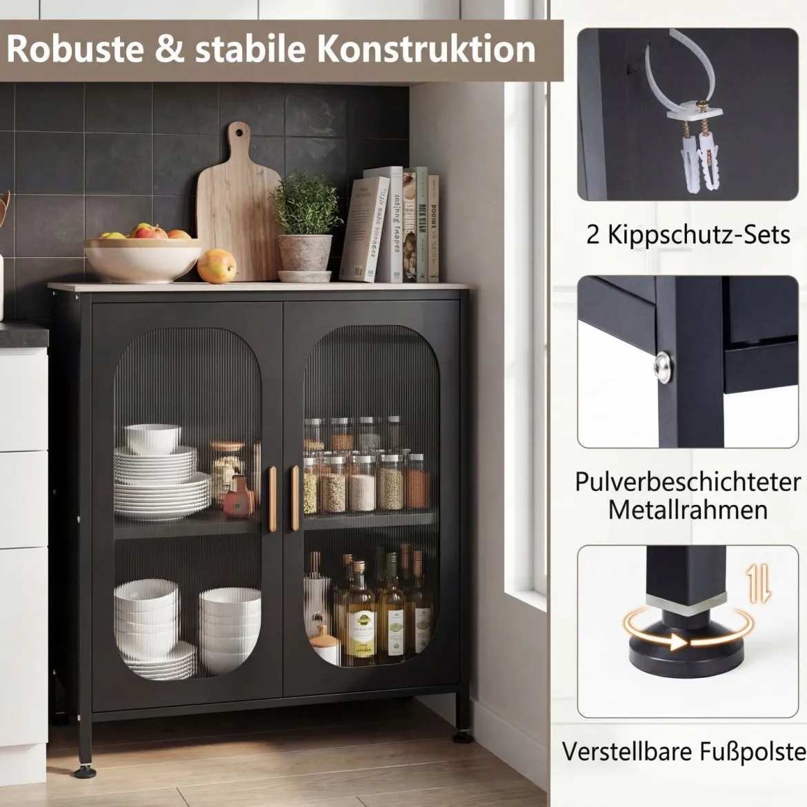 Sideboard Kommode mit Verstellbarer Ablage Buffetschrank mit Halbtransparenter Doppeltür Schwarz