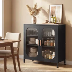 Sideboard Kommode mit Verstellbarer Ablage Buffetschrank mit Halbtransparenter Doppeltür Schwarz