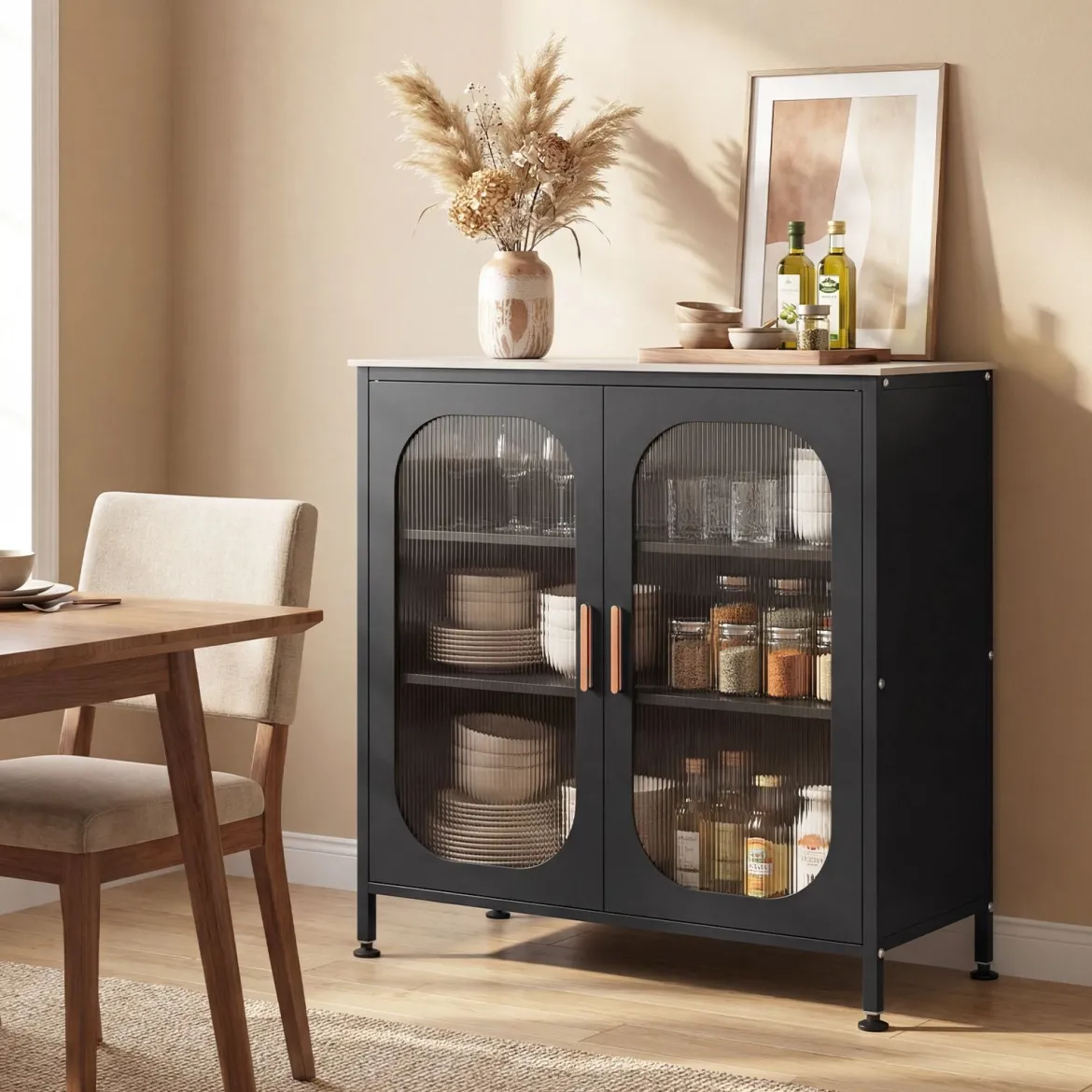 Sideboard Kommode mit Verstellbarer Ablage Buffetschrank mit Halbtransparenter Doppeltür Schwarz
