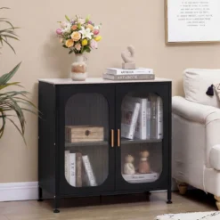 Sideboard Kommode mit Verstellbarer Ablage Buffetschrank mit Halbtransparenter Doppeltür Schwarz