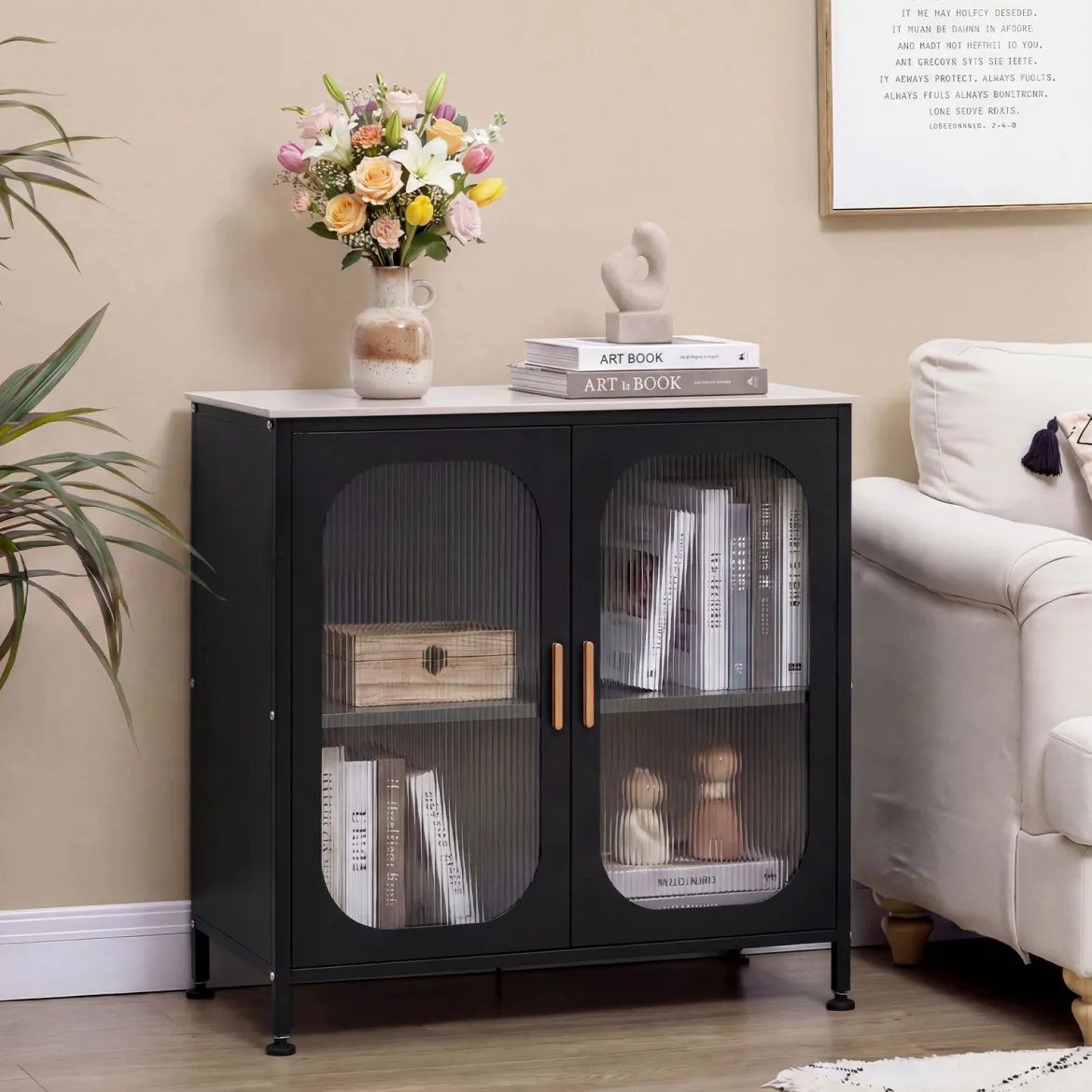 Sideboard Kommode mit Verstellbarer Ablage Buffetschrank mit Halbtransparenter Doppeltür Schwarz