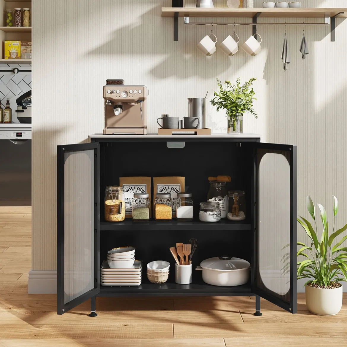 Sideboard Kommode mit Verstellbarer Ablage Buffetschrank mit Halbtransparenter Doppeltür Schwarz