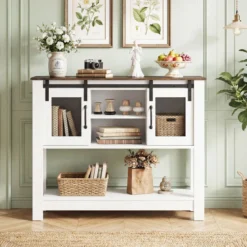 Sideboard mit Ablage & 2 Schiebetüren & 2 Offenen Fächern & Verstellbarem Regal Flurtisch