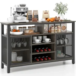 Sideboard mit 2 Metallgittertüren & Offenen Fächern & Weinregalen & Weinglashaltern Grau