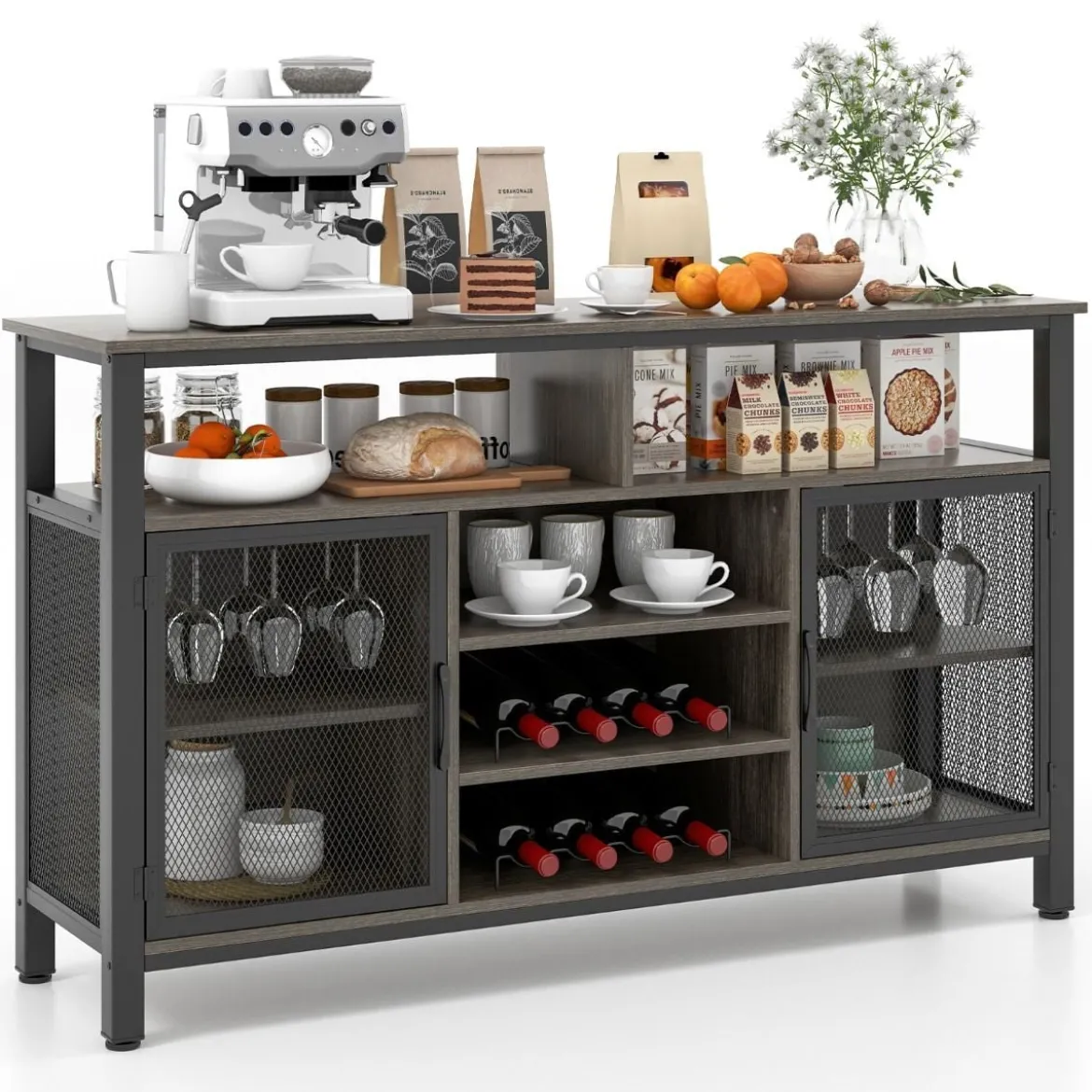 Sideboard mit 2 Metallgittertüren & Offenen Fächern & Weinregalen & Weinglashaltern Grau