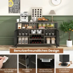 Sideboard mit 2 Metallgittertüren & Offenen Fächern & Weinregalen & Weinglashaltern Grau