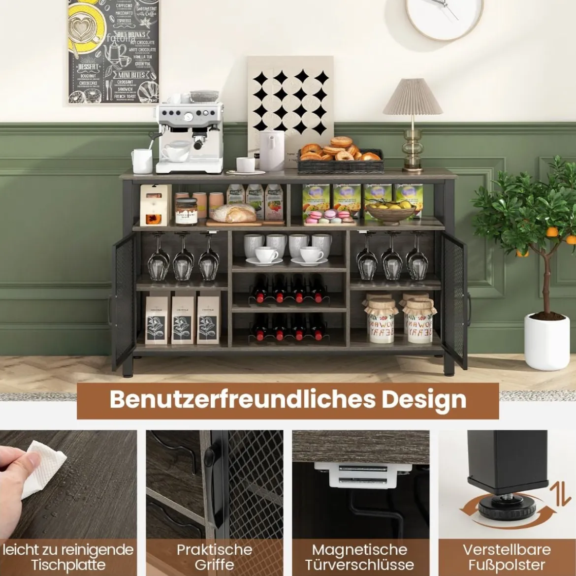 Sideboard mit 2 Metallgittertüren & Offenen Fächern & Weinregalen & Weinglashaltern Grau