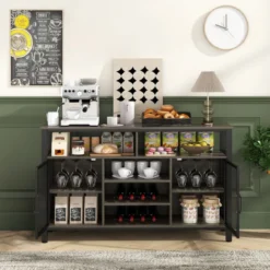 Sideboard mit 2 Metallgittertüren & Offenen Fächern & Weinregalen & Weinglashaltern Grau