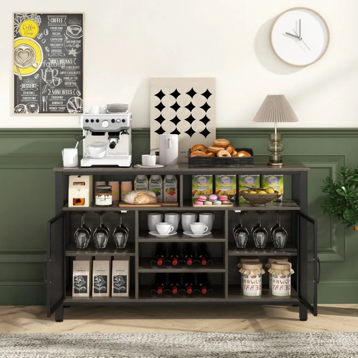 Sideboard mit 2 Metallgittertüren & Offenen Fächern & Weinregalen & Weinglashaltern Grau
