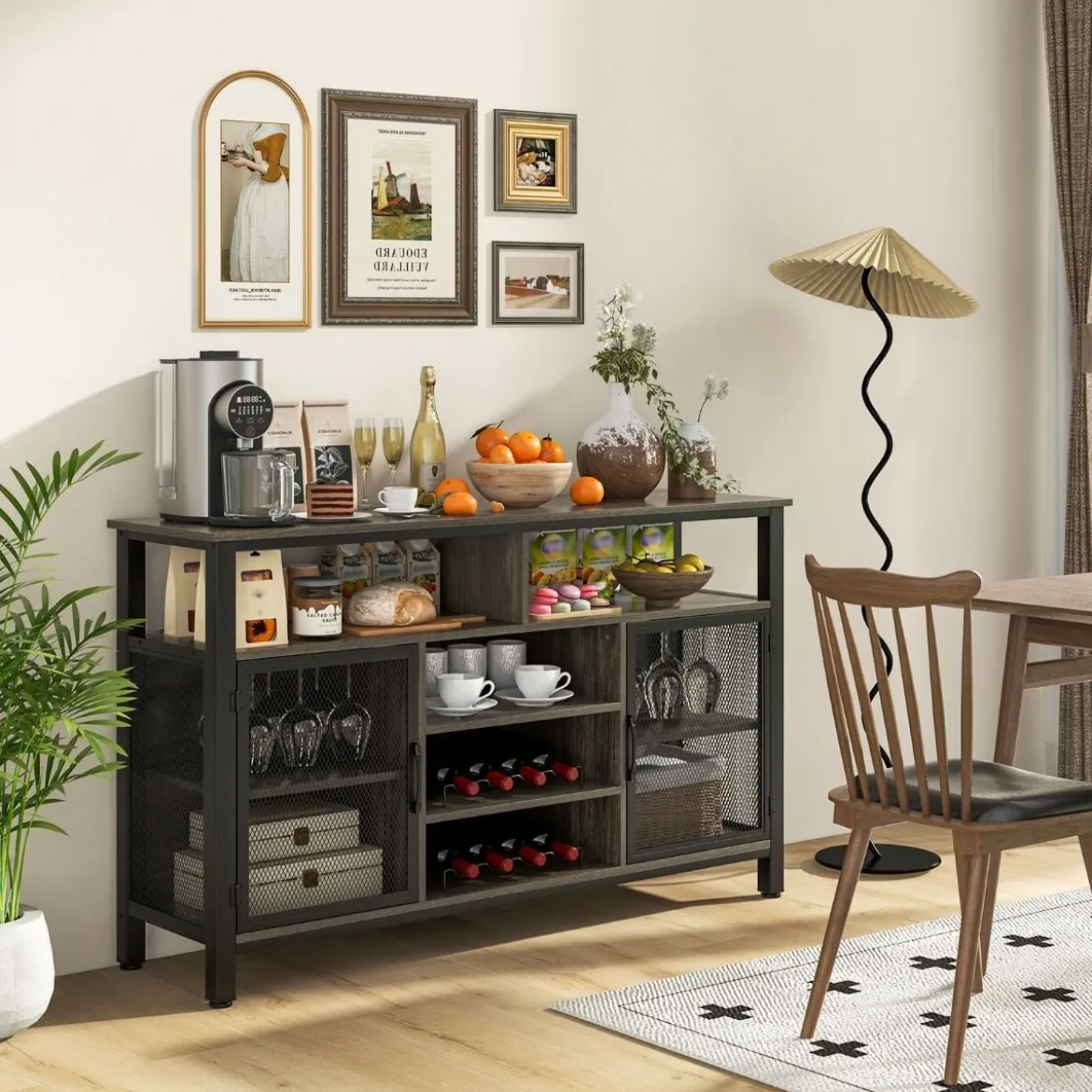 Sideboard mit 2 Metallgittertüren & Offenen Fächern & Weinregalen & Weinglashaltern Grau