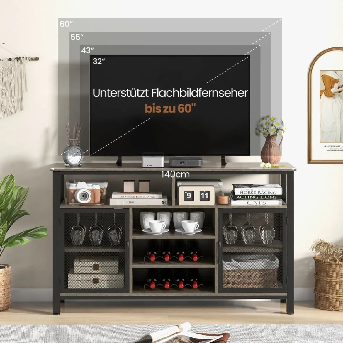 Sideboard mit 2 Metallgittertüren & Offenen Fächern & Weinregalen & Weinglashaltern Grau