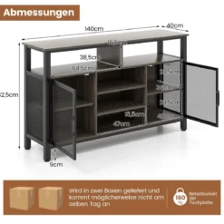 Sideboard mit 2 Metallgittertüren & Offenen Fächern & Weinregalen & Weinglashaltern Grau