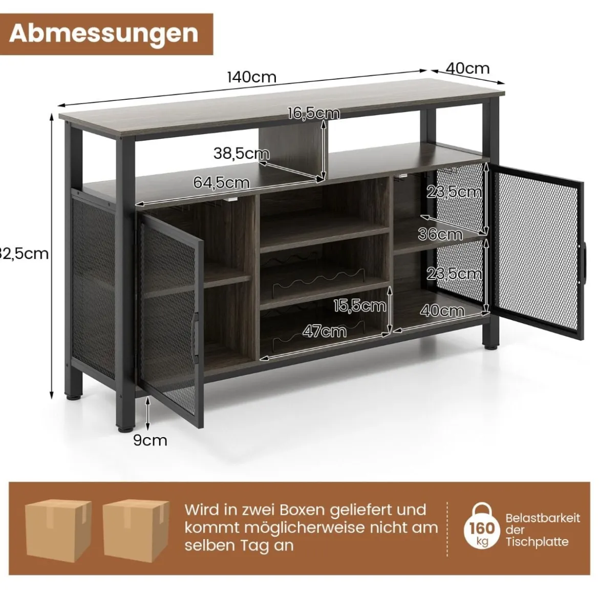 Sideboard mit 2 Metallgittertüren & Offenen Fächern & Weinregalen & Weinglashaltern Grau