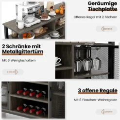 Sideboard mit 2 Metallgittertüren & Offenen Fächern & Weinregalen & Weinglashaltern Grau