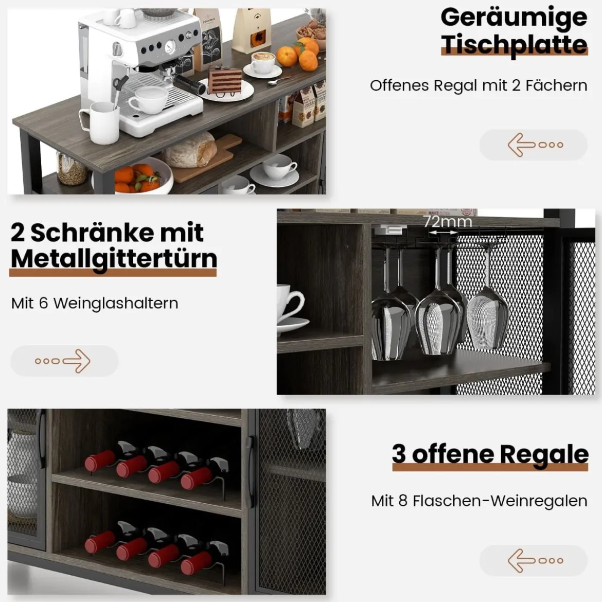 Sideboard mit 2 Metallgittertüren & Offenen Fächern & Weinregalen & Weinglashaltern Grau
