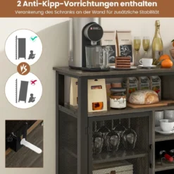Sideboard mit 2 Metallgittertüren & Offenen Fächern & Weinregalen & Weinglashaltern Grau