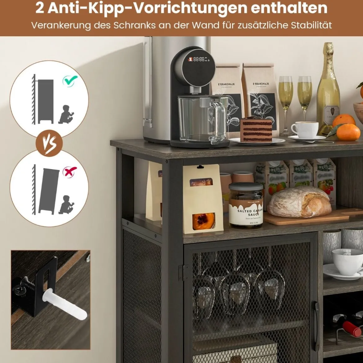 Sideboard mit 2 Metallgittertüren & Offenen Fächern & Weinregalen & Weinglashaltern Grau