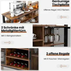 Sideboard mit 2 Metallgittertüren & Offenen Fächern & Weinregalen & Weinglashaltern Braun