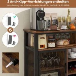 Sideboard mit 2 Metallgittertüren & Offenen Fächern & Weinregalen & Weinglashaltern Braun