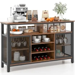 Sideboard mit 2 Metallgittertüren & Offenen Fächern & Weinregalen & Weinglashaltern Braun
