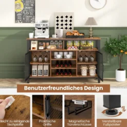Sideboard mit 2 Metallgittertüren & Offenen Fächern & Weinregalen & Weinglashaltern Braun