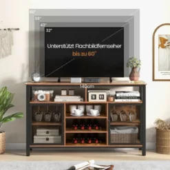 Sideboard mit 2 Metallgittertüren & Offenen Fächern & Weinregalen & Weinglashaltern Braun