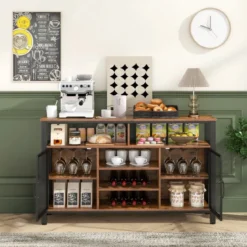Sideboard mit 2 Metallgittertüren & Offenen Fächern & Weinregalen & Weinglashaltern Braun