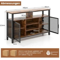 Sideboard mit 2 Metallgittertüren & Offenen Fächern & Weinregalen & Weinglashaltern Braun