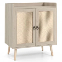 Sideboard mit Rattantüren Küchenschrank Holz mit Arbeitsplatte & Verstellbaren Ablagen 67 × 38 × 77 cm Natur