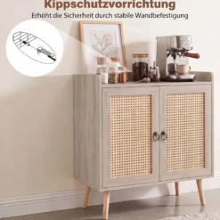 Sideboard mit Rattantüren Küchenschrank Holz mit Arbeitsplatte & Verstellbaren Ablagen 67 × 38 × 77 cm Braun