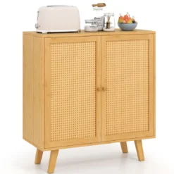 Sideboard mit 2 Rattantüren Küchenschrank aus Bambus mit Arbeitsplatte 80 x 34,5 x 85 cm Natur