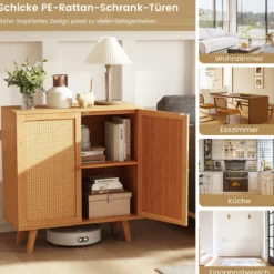 Sideboard mit 2 Rattantüren Küchenschrank aus Bambus mit Arbeitsplatte 80 x 34,5 x 85 cm Natur