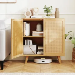 Sideboard mit 2 Rattantüren Küchenschrank aus Bambus mit Arbeitsplatte 80 x 34,5 x 85 cm Natur