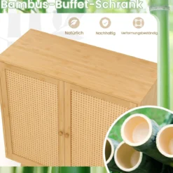 Sideboard mit 2 Rattantüren Küchenschrank aus Bambus mit Arbeitsplatte 80 x 34,5 x 85 cm Natur