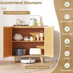 Sideboard mit 2 Rattantüren Küchenschrank aus Bambus mit Arbeitsplatte 80 x 34,5 x 85 cm Natur