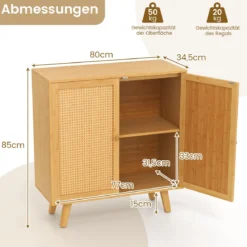 Sideboard mit 2 Rattantüren Küchenschrank aus Bambus mit Arbeitsplatte 80 x 34,5 x 85 cm Natur