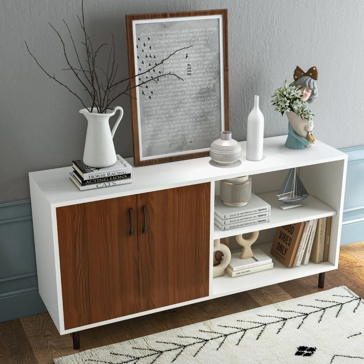 Sideboard mit Schrank und 2 offenen Fächern Kommode aus Holz 148 x 40 x 75cm Walnuss