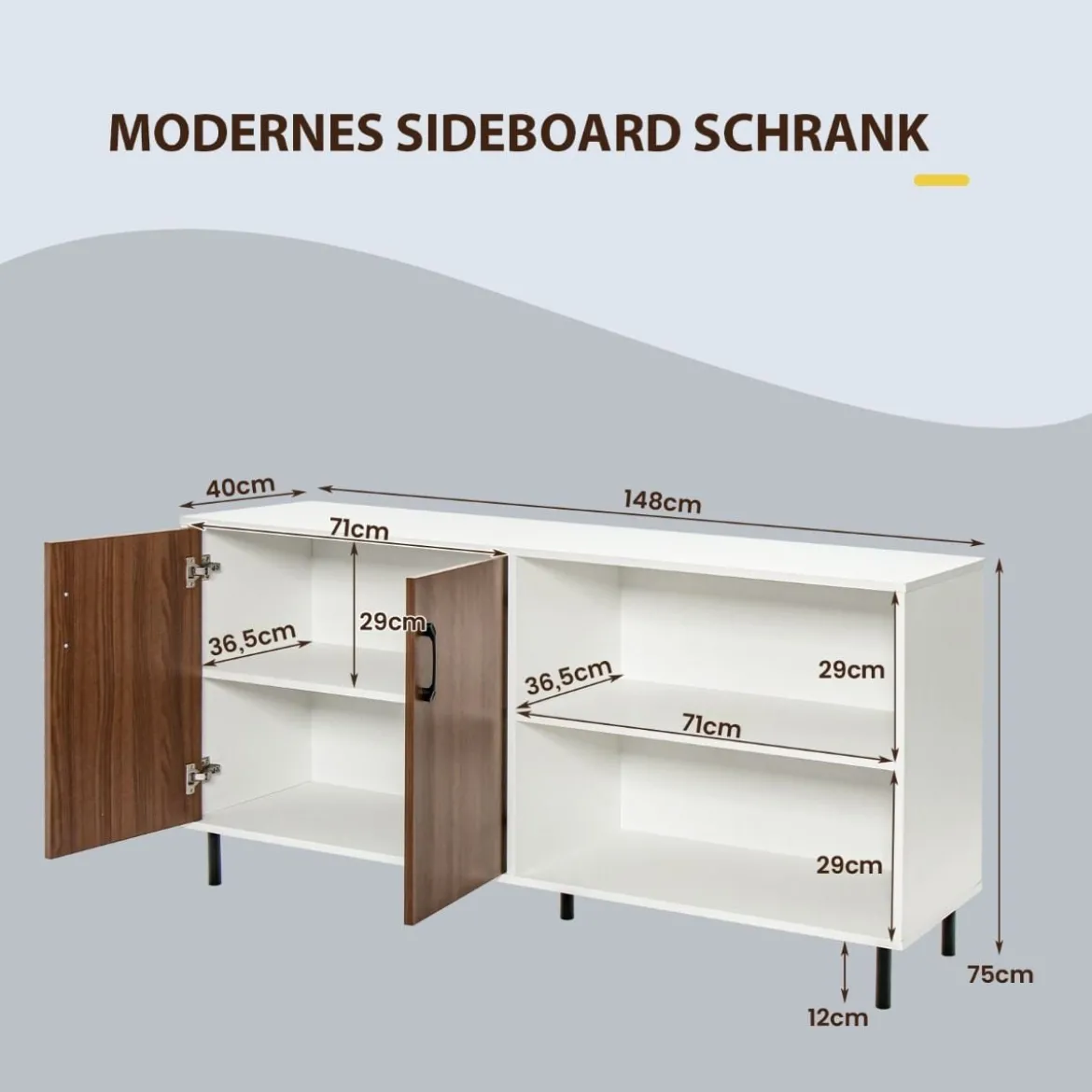 Sideboard mit Schrank und 2 offenen Fächern Kommode aus Holz 148 x 40 x 75cm Walnuss