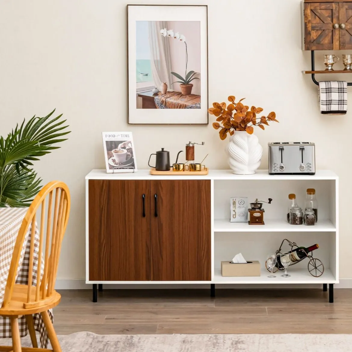 Sideboard mit Schrank und 2 offenen Fächern Kommode aus Holz 148 x 40 x 75cm Walnuss