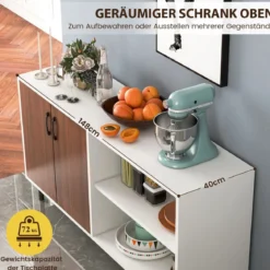 Sideboard mit Schrank und 2 offenen Fächern Kommode aus Holz 148 x 40 x 75cm Walnuss