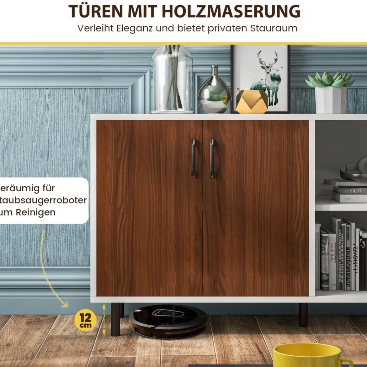 Sideboard mit Schrank und 2 offenen Fächern Kommode aus Holz 148 x 40 x 75cm Walnuss