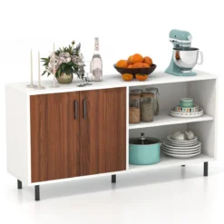 Sideboard mit Schrank und 2 offenen Fächern Kommode aus Holz 148 x 40 x 75cm Walnuss