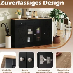 Sideboard mit 3 Schubladen & 2 Glastüren & Verstellbaren Regalen Küchenschrank Schwarz