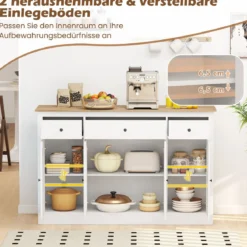Sideboard mit 3 Schubladen & 2 Glastüren & Verstellbaren Regalen Küchenschrank Weiß