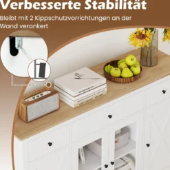 Sideboard mit 3 Schubladen & 2 Glastüren & Verstellbaren Regalen Küchenschrank Weiß