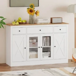 Sideboard mit 3 Schubladen & 2 Glastüren & Verstellbaren Regalen Küchenschrank Weiß