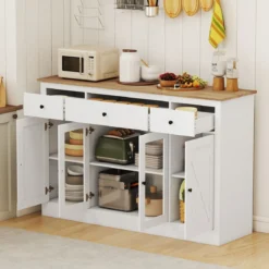 Sideboard mit 3 Schubladen & 2 Glastüren & Verstellbaren Regalen Küchenschrank Weiß